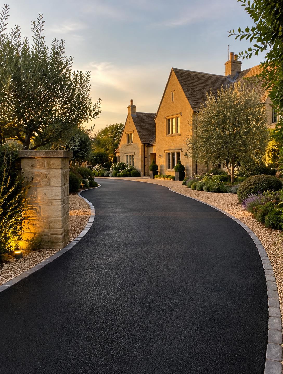 Freshly laid tarmac driveway leading to a Cotswold-stone house